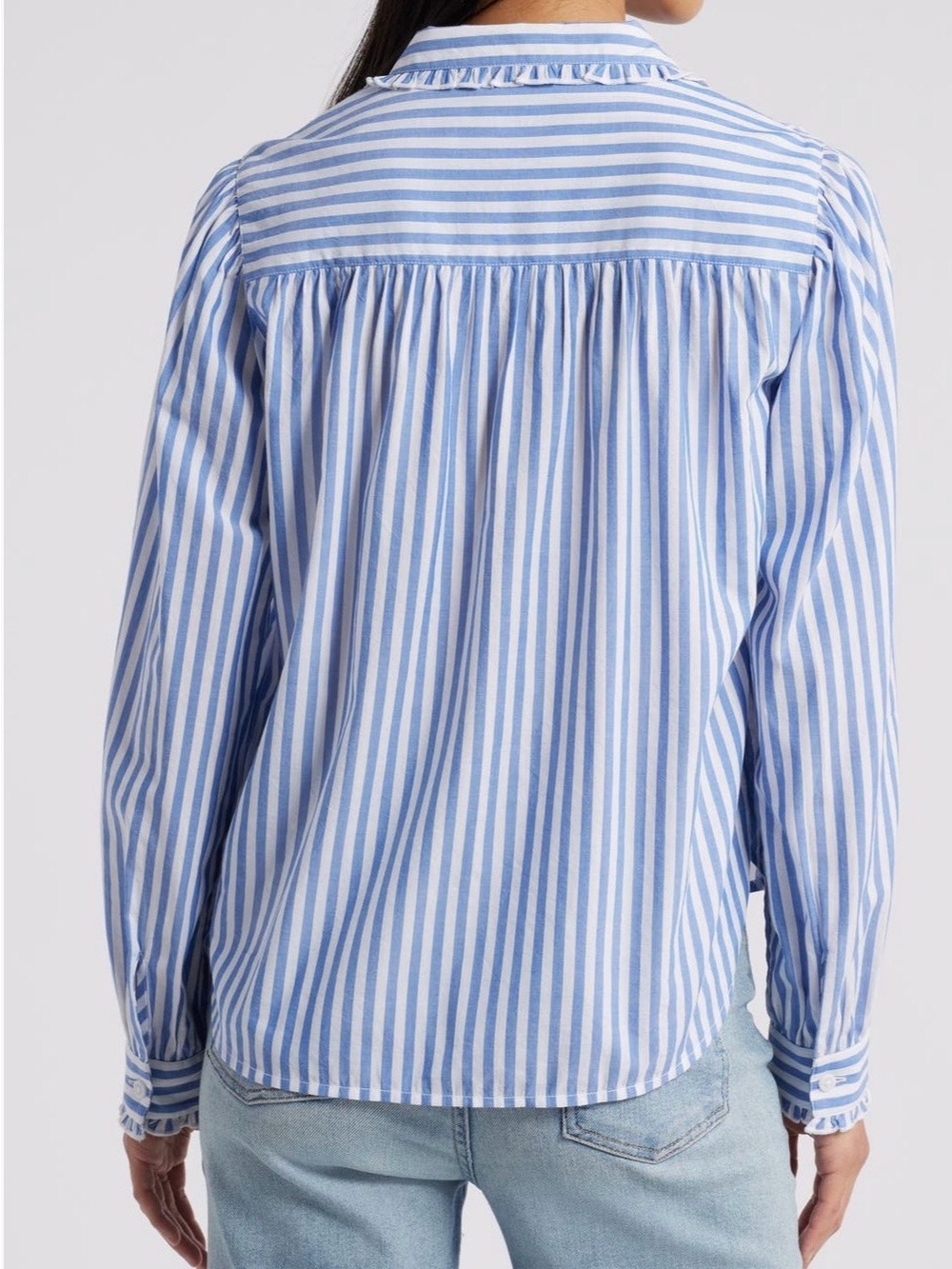 beachlunchlounge Blue & White Ciara Striped Ruffle-Trim Button Shirt XS - Picture 5 of 7
